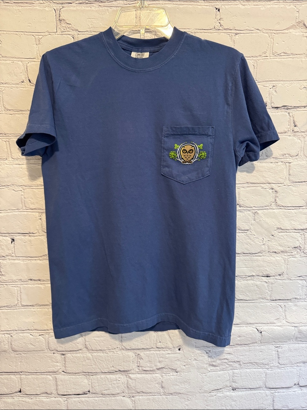 Comfort Colors Navy Pocket Tee with Owl Patch Unisex Small